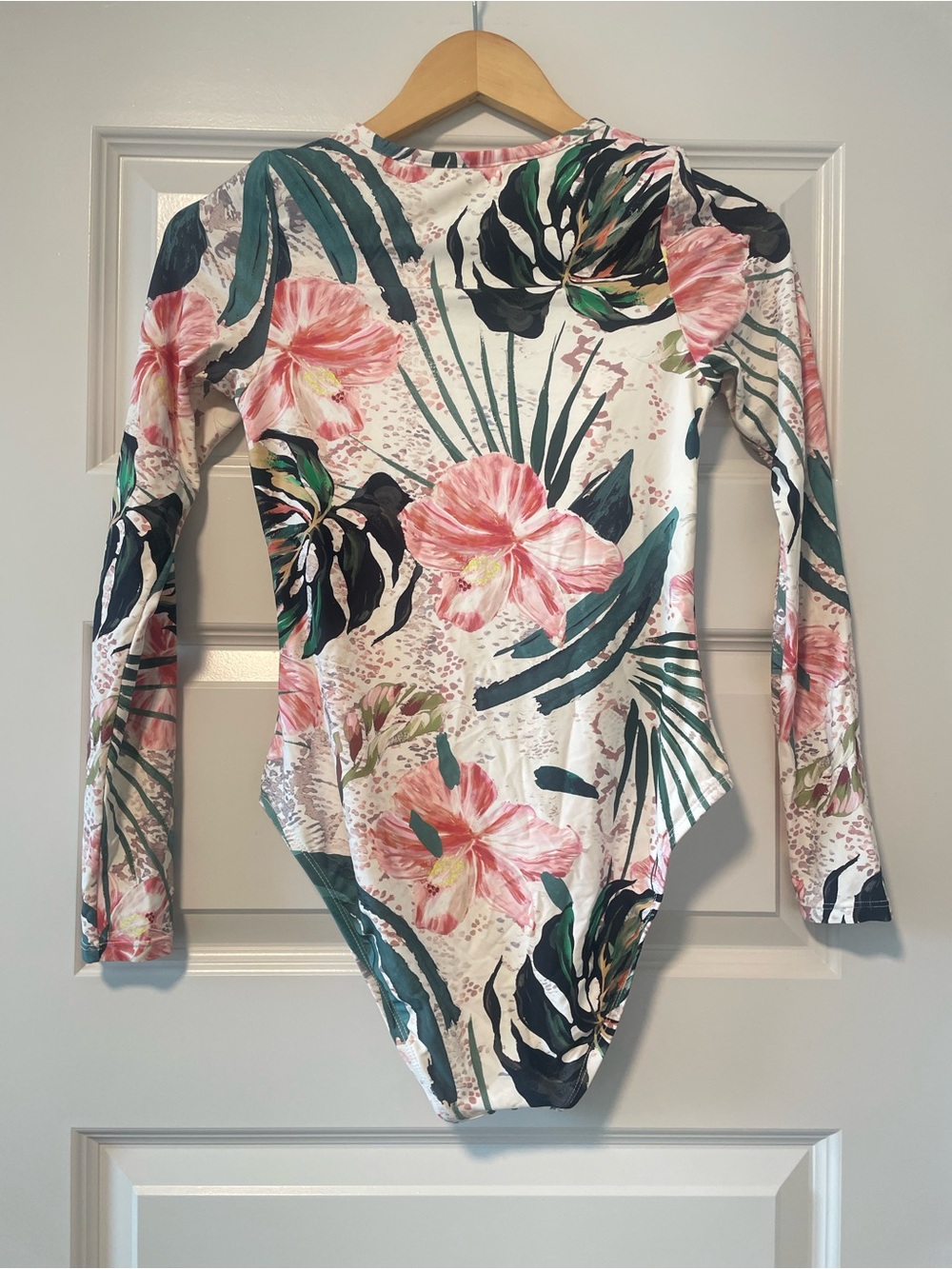 Floral Tropical One-Piece Long Sleeve Swimsuit in Pink and Green - Picture 4 of 7